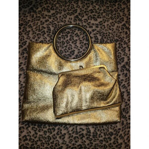 Women's Gold Ring Top Handle Bag and Clutch Set With Golden Gloves (AH)